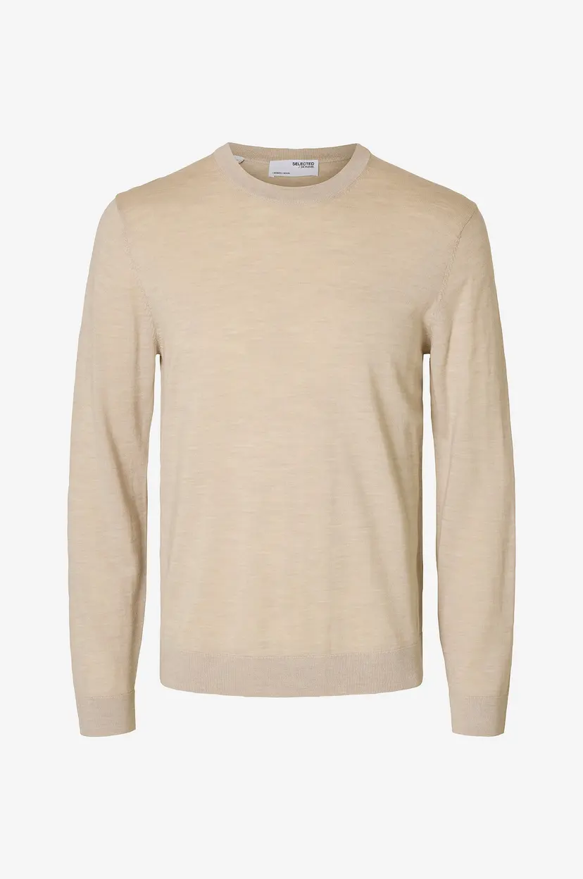 Selected Men Genser slhTray LS Knit Merino Crew Neck - Beige