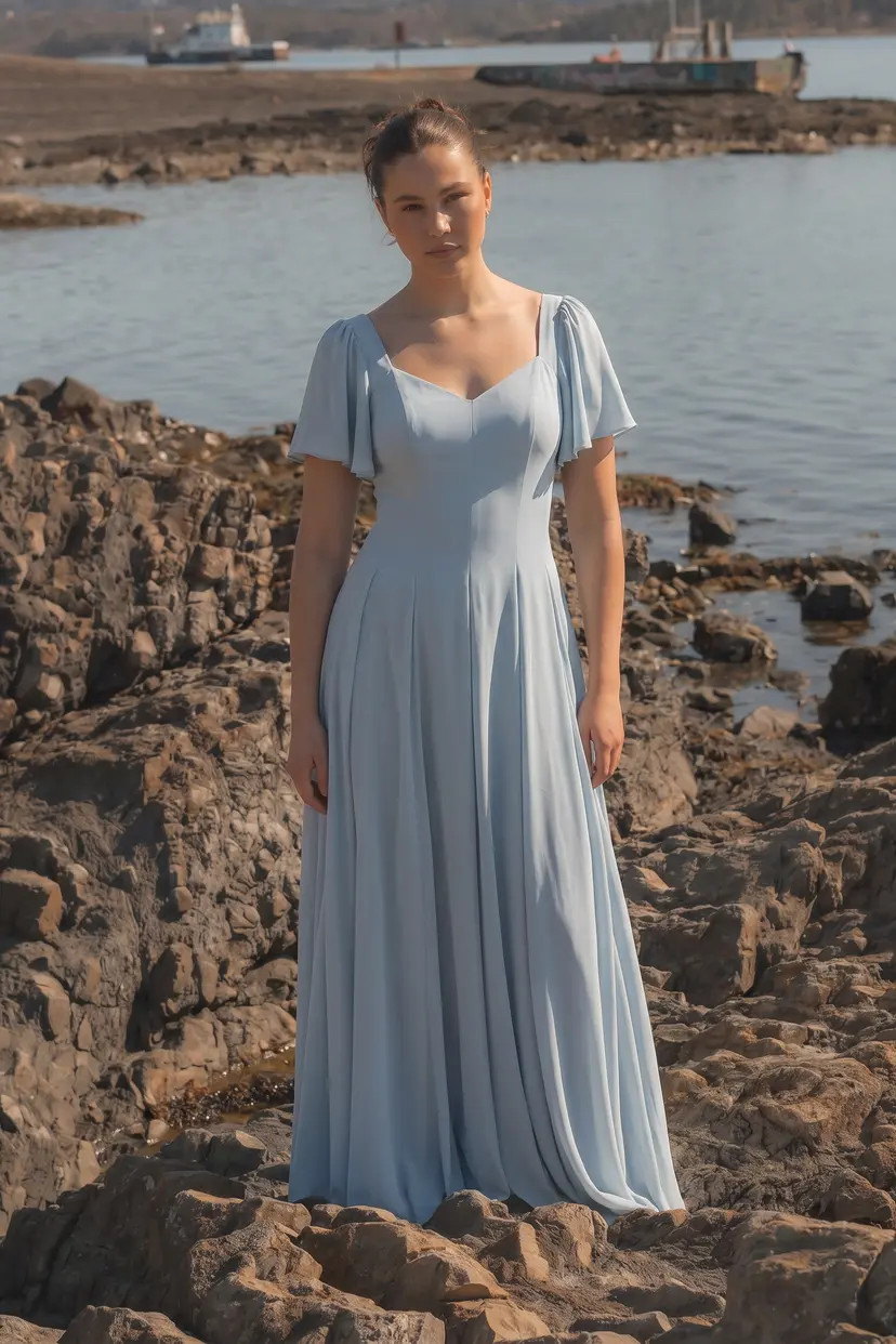 MurlongCres. Alette Maxi Dress Flutter Sleeves – Powder Blue Bridesmaid & Wedding Guest Dress, XS