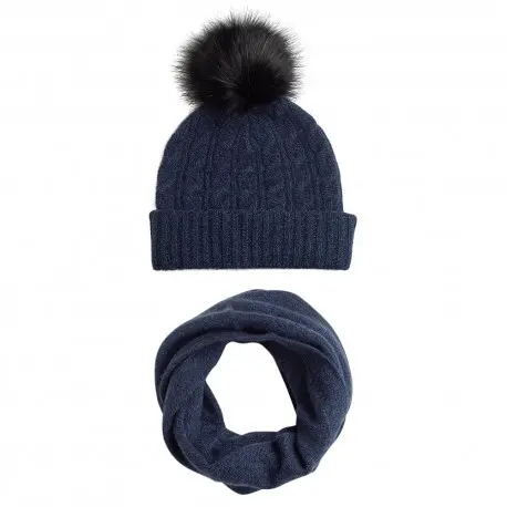 CASHMERE CULTURE Lue med dusk og halsvarmer i kasjmir – damesett, marineblå