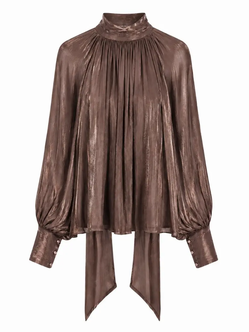 From Paris With Love Satin tie-neck blouse espresso