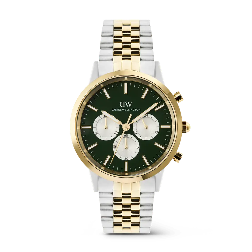 Daniel Wellington Gold 42mm Watch Iconic Chronograph Arch 5-link Emerald Panda Two Tone | DW