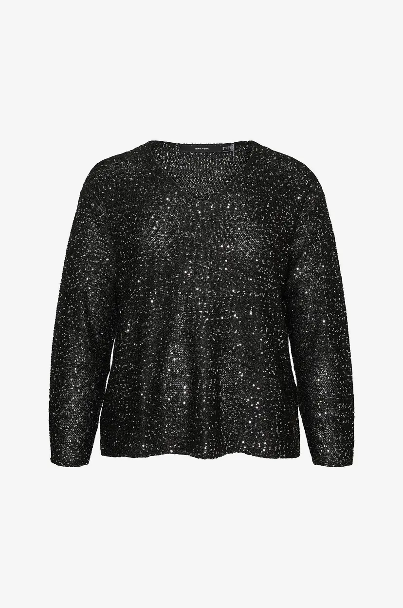 Vero Moda Curve Paljettgenser vmCleilani New LS V-neck Pullover - Svart