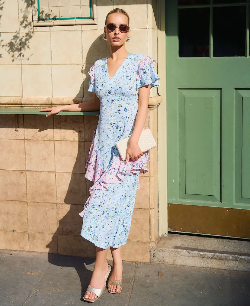 Needs No Label Blue Ditsy Floral Ruffle Midi Dress