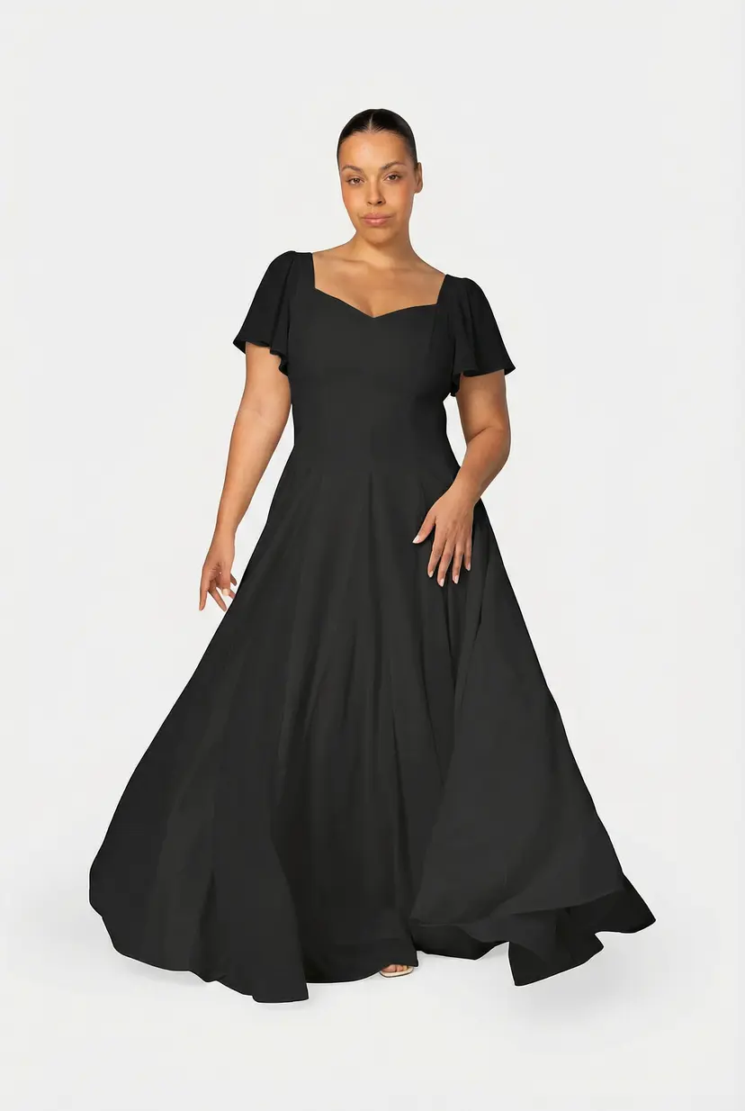 MurlongCres. Alette Maxi Dress Flutter Sleeves – Black Bridesmaid & Wedding Guest Dress, XXS