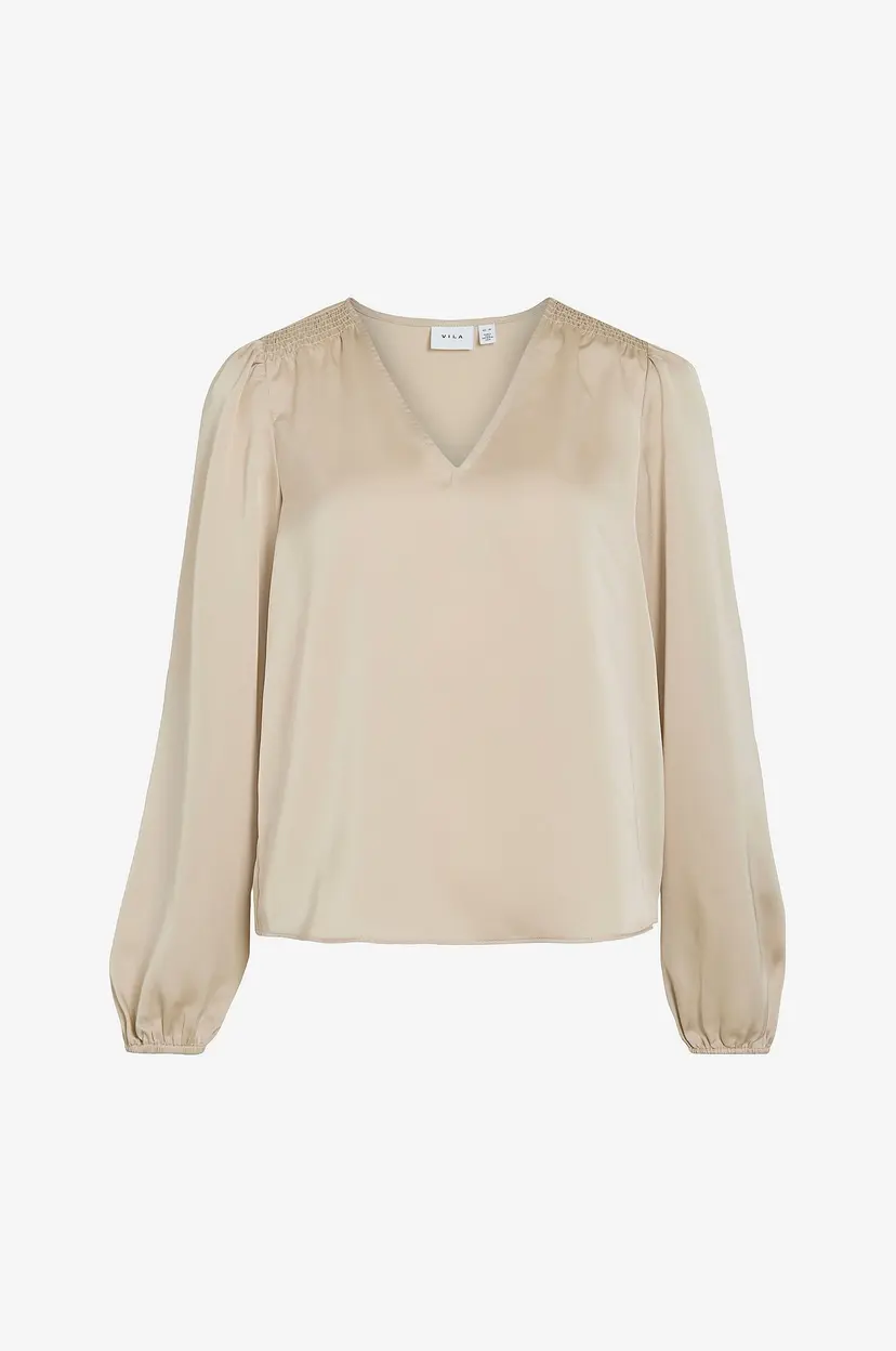Vila Bluse Viellette L/S Smock Satin Top - Noo - Beige