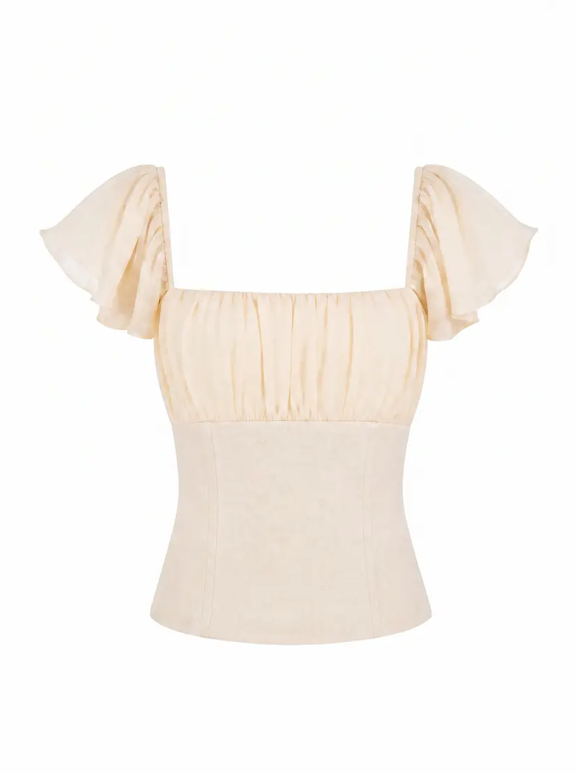 MURLONG CRES Bettina Linen Bustier Top with Chiffon Details Ivory, XXS / Regular