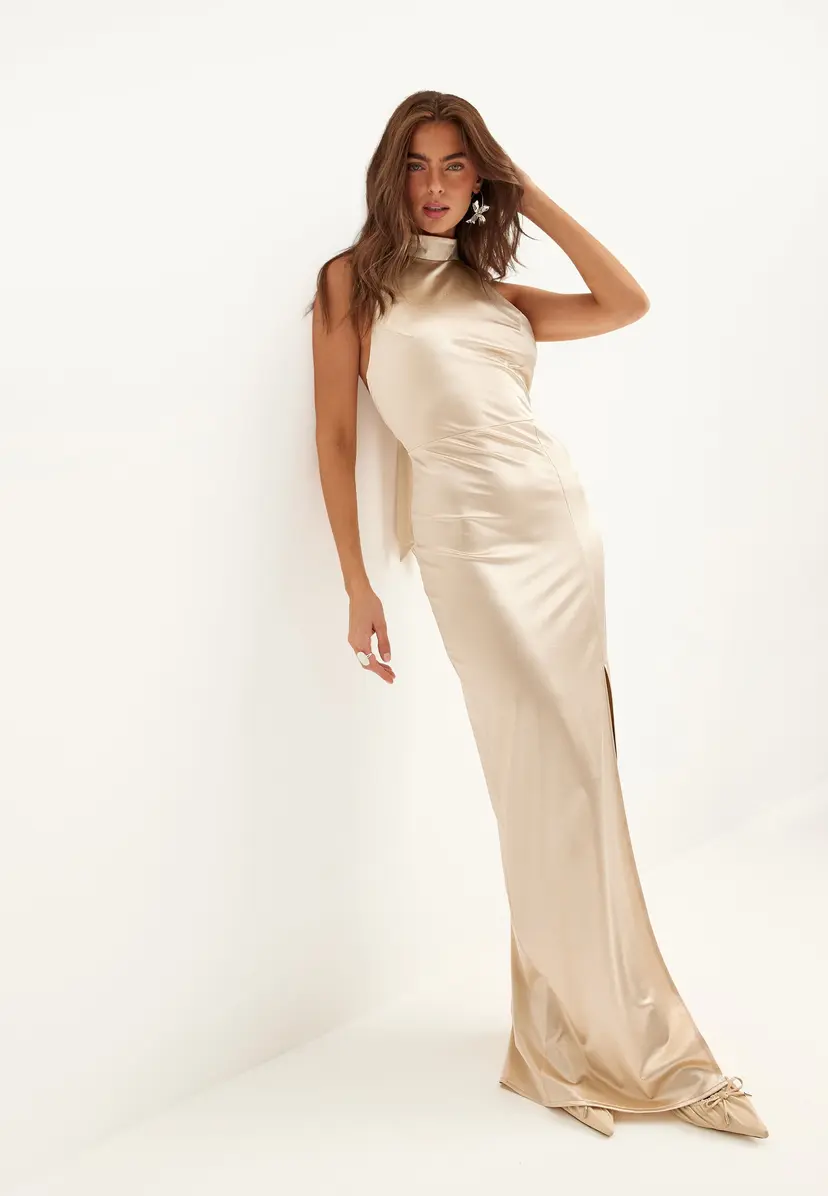 Bubbleroom Occasion Stretch Satin Halterneck Gown