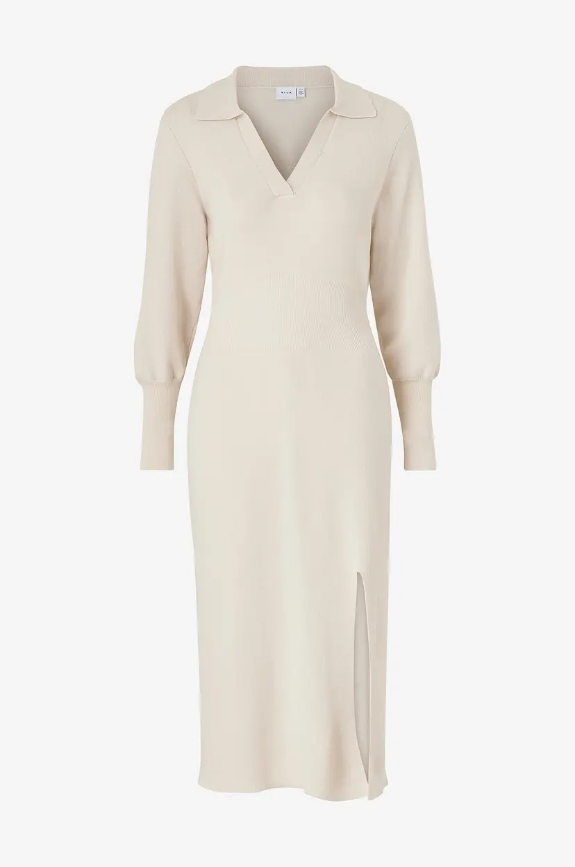Vila Kjole viMarla L/S Collar Long Knit Dress - Beige