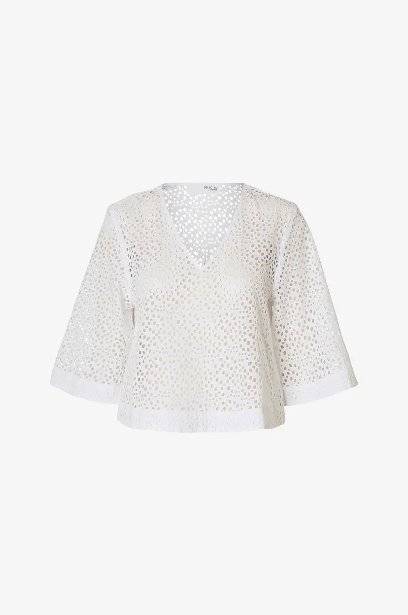 Selected Women Topp slfLaerke 3/4 Cropped Broderi Ang - Hvit