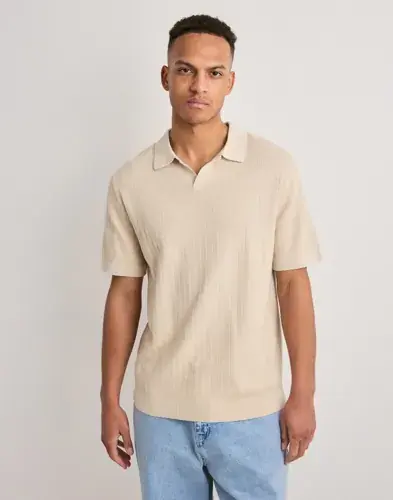 Selected Men Selected Men Slhmattis Ss Linen Blend Struc Polo Kortermet poloskjorte Beige