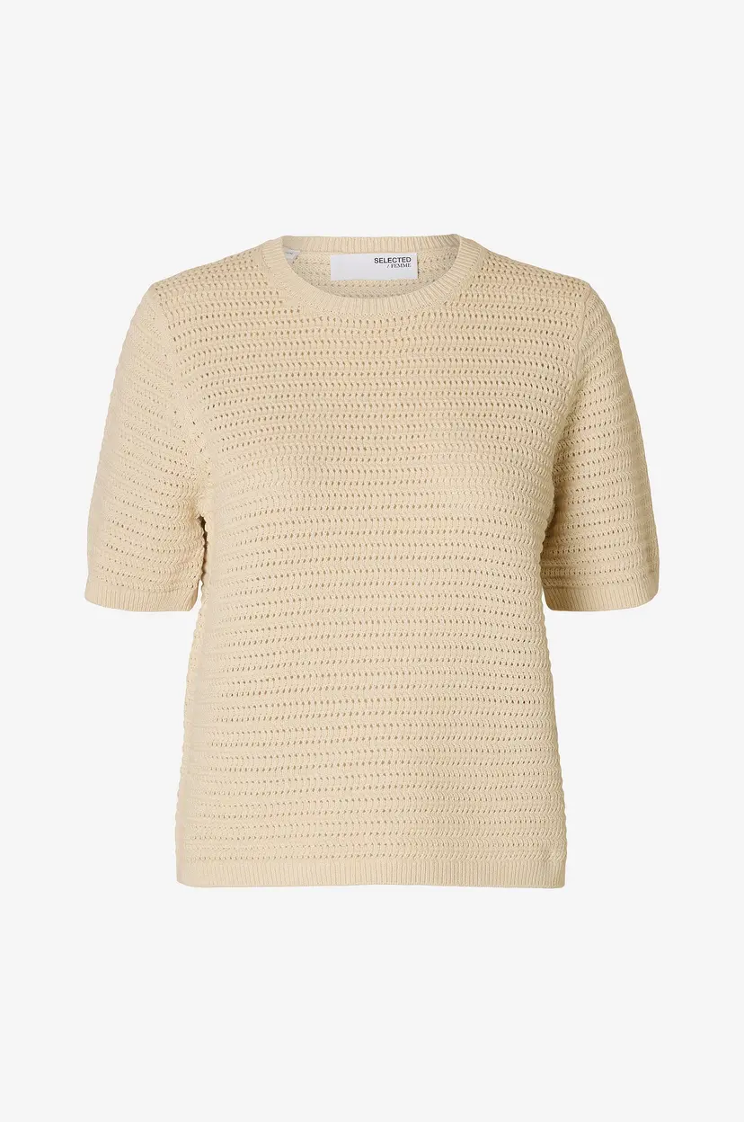 Selected Women Topp slfVinna SS Structure Knit O-neck - Beige