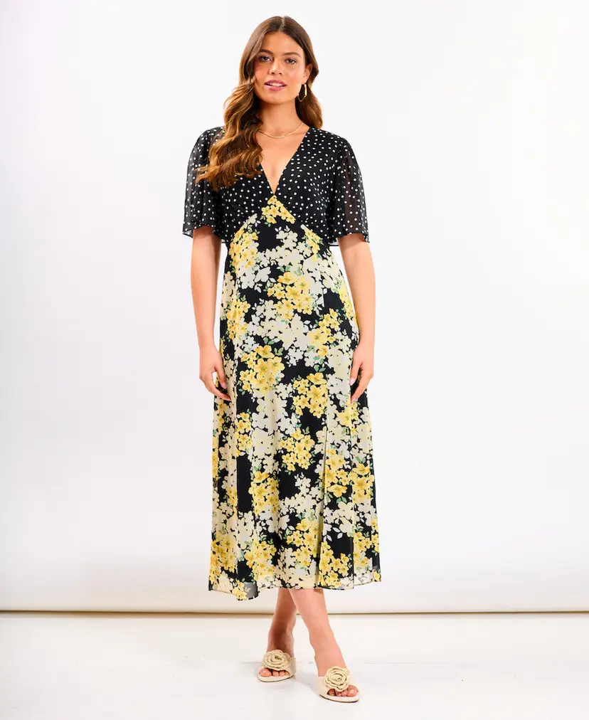 Needs No Label Yellow Floral Polka Dot Flutter Sleeve Midi Dress