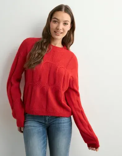 Pieces Pieces - Rød - Pcjenna Ls O-Neck Cable Knit Noos B