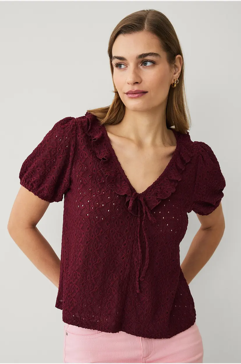 Ellos Collection Hullmønstret jerseybluse - Rød