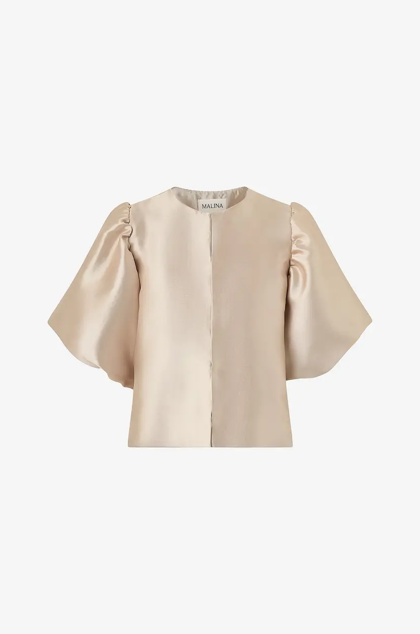 By Malina Bluse Cleo Puff-Sleeve Satin Blouse - Beige