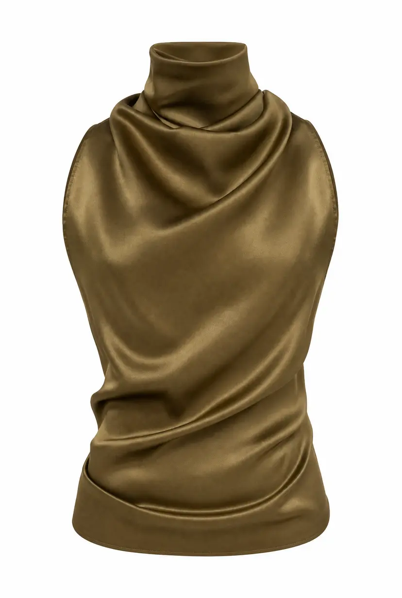 MURLONG CRES Helena High-Neck Silk Halter Top Olive, XS-S
