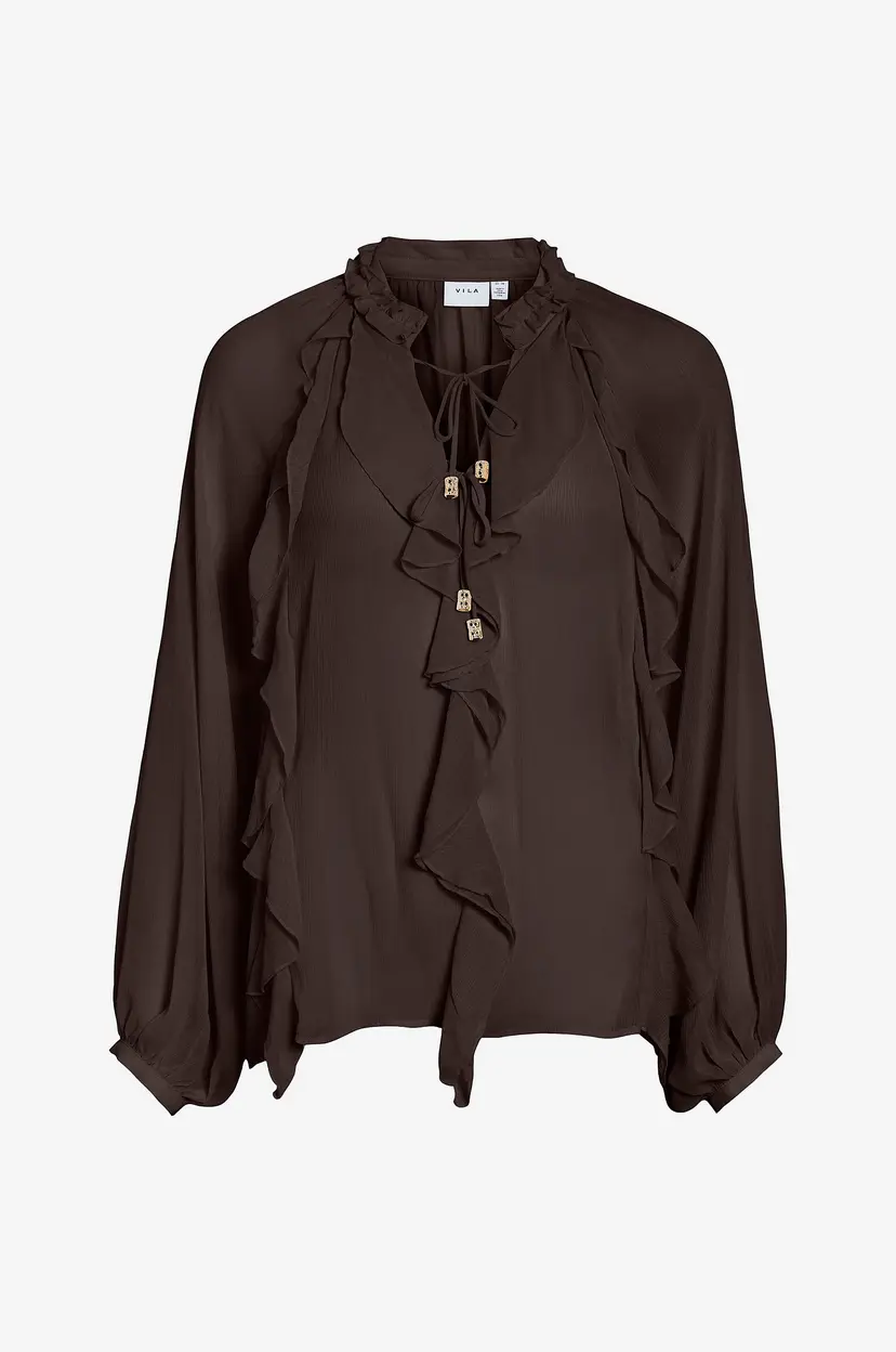 Vila Bluse Vitiro V-Neck L/S Flounce Top/Bfs - Brun