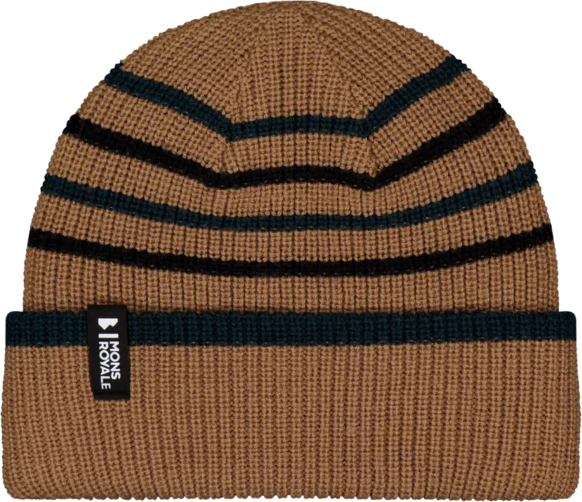 Mons Royale Mons Royale Stripey Merino Beanie Tan/dark Pine/black