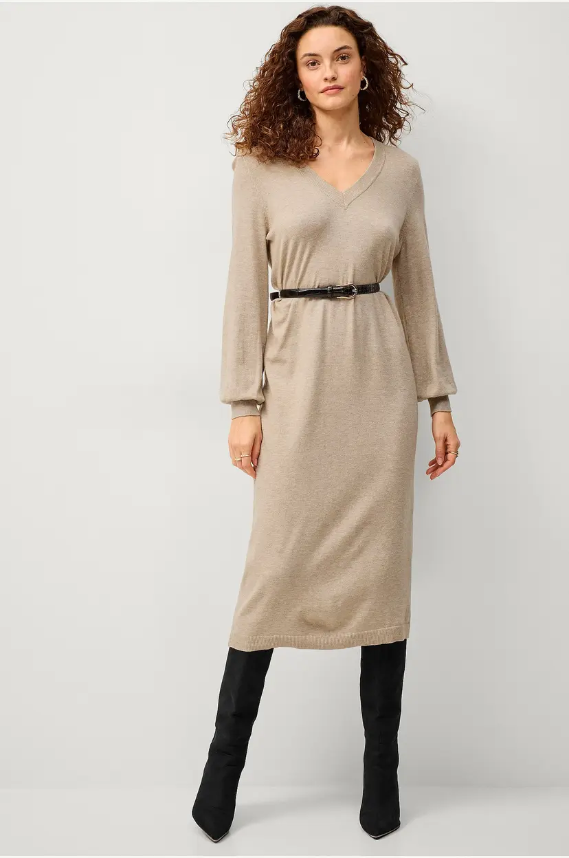Vila Kjole viComfy V-neck L/S Knit Dress - Beige