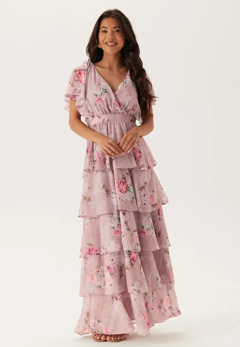 Goddiva Floral Flutter Tiered Maxi Dress