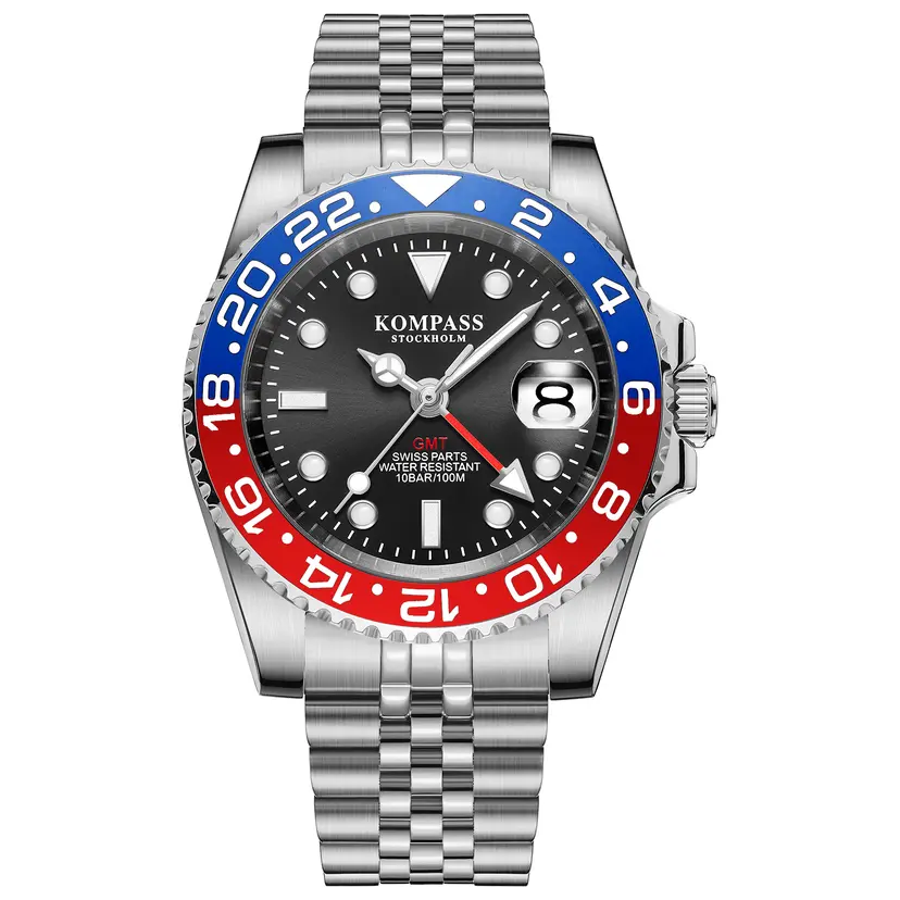 Kompass Stockholm Kompass GMT-Professional Jubilee Sapphire Steel Black Blue Red