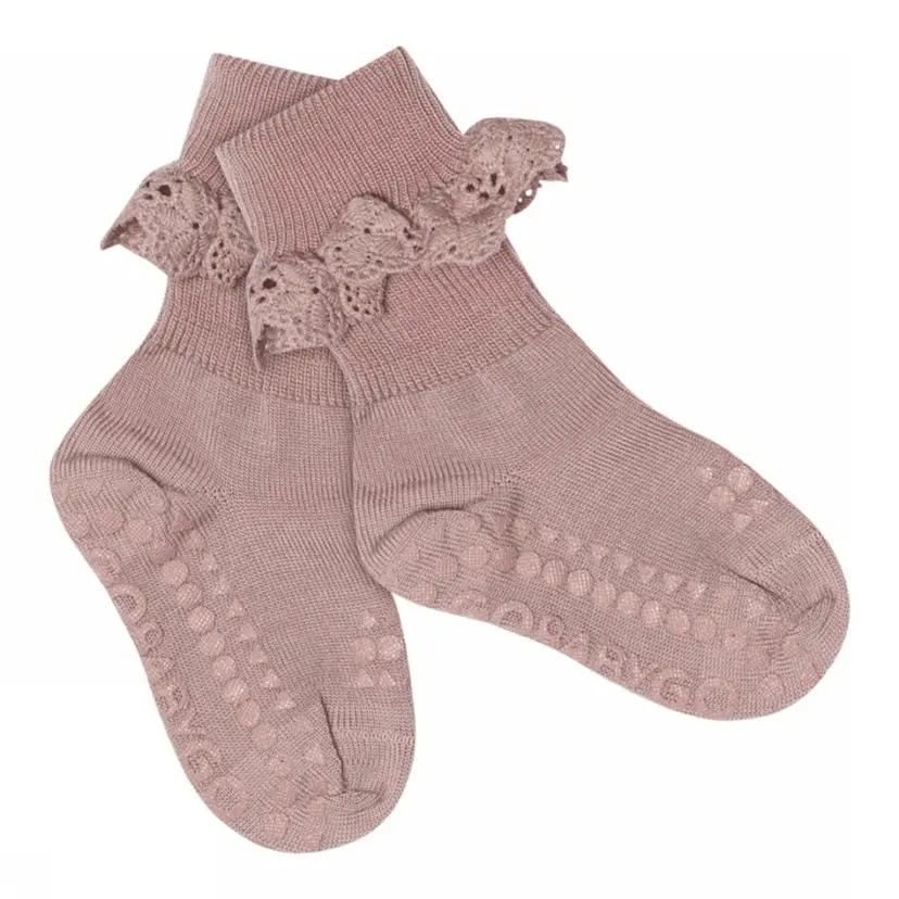 GoBabyGo GoBabyGo - Sokker i Merinoull med Blonder Antiskli Rose Blush