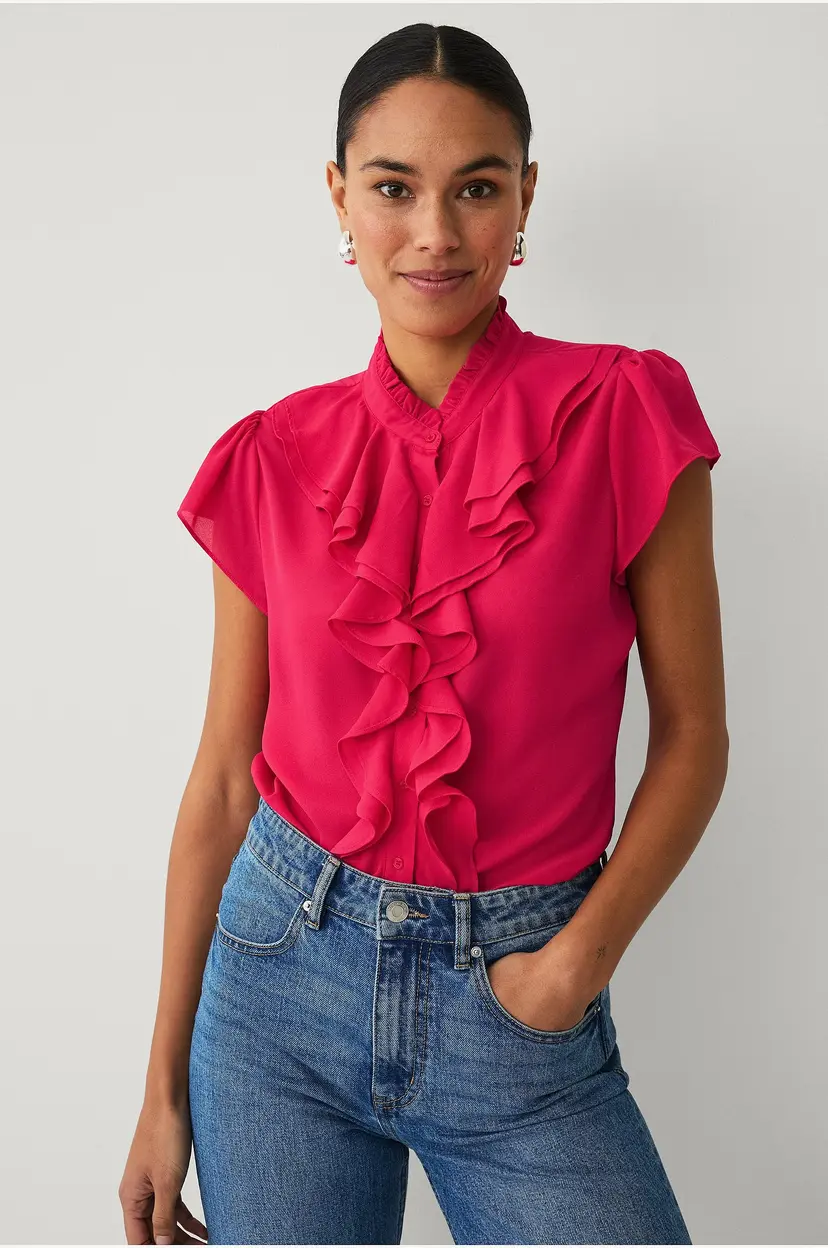 Ellos Collection Kortermet bluse med volanger - Rosa