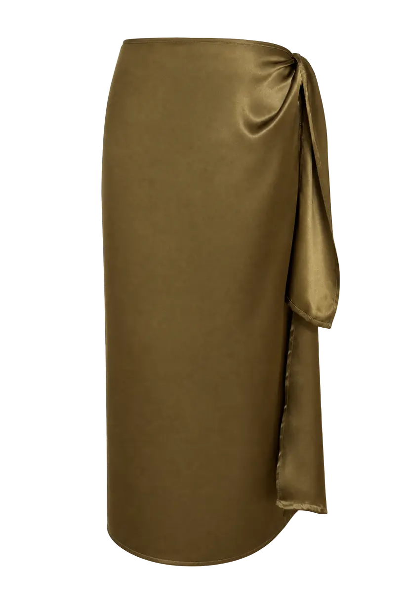 MURLONG CRES Helena Wrap Tie Silk Skirt Olive, XS-S