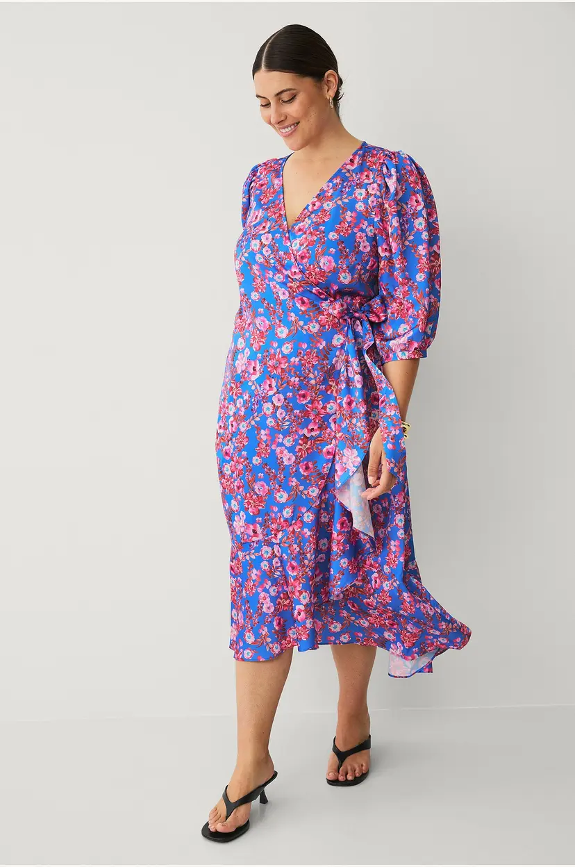 Zizzi Omslagskjole mSandie 3/4 Midi Wrap Dress - Blå