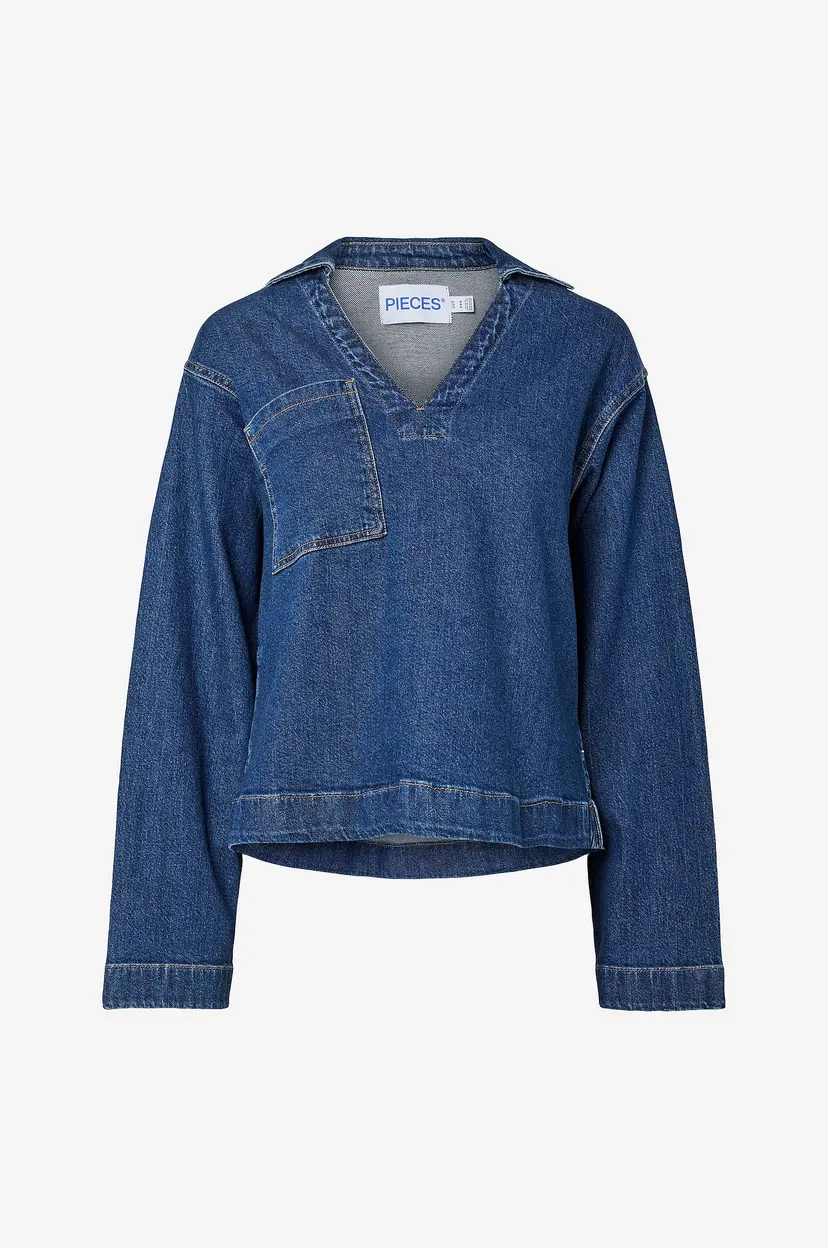 Pieces Denimbluse pcSilke LS Denim V-neck D2d F - Blå