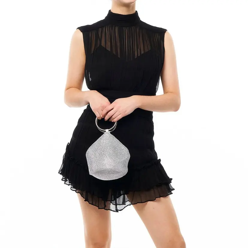 Olga Berg Ellie Crystal Mesh Ring Handle Bag Silver