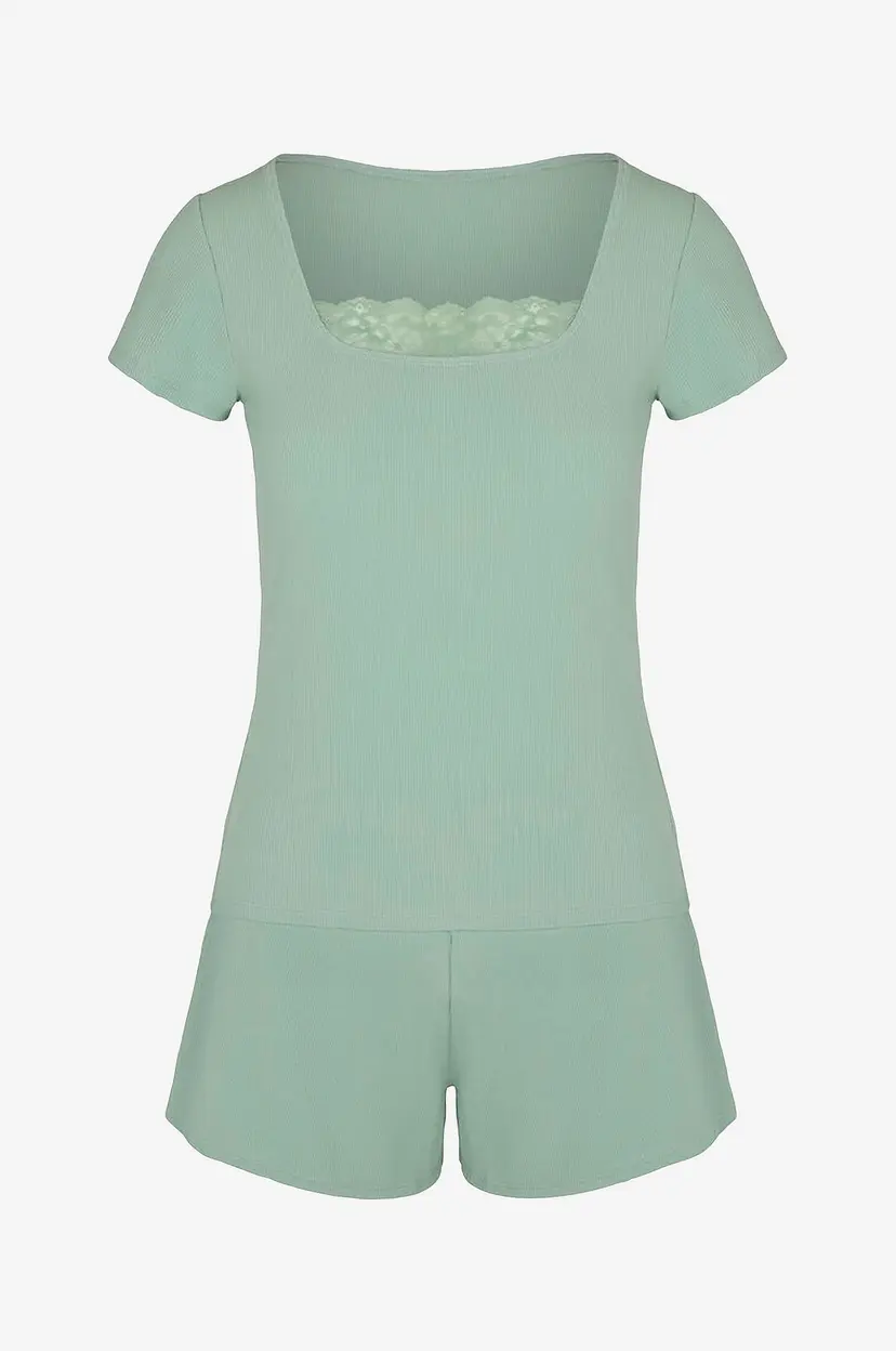 Hunkemöller Pysjsett Pj Ss Short Rib Lace - Grønn