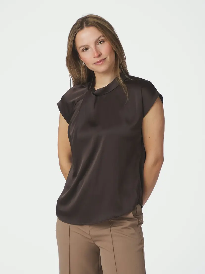Neo Noir Fleur Drapy Sateen Blouse Dark Brown - XS