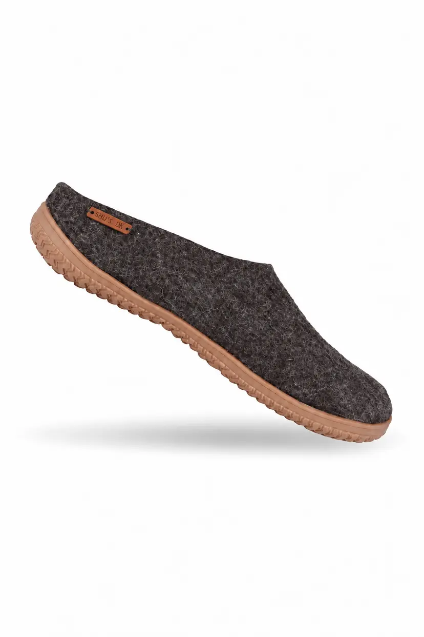 SHUS Uldtøffel (100% ren uld) - Model Brun m/Gummisål - 36