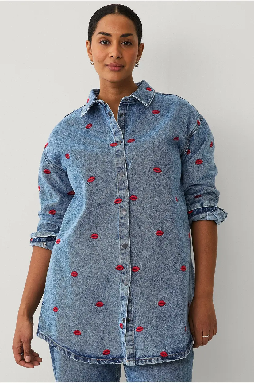 Zizzi Skjorte jFlower L/S Shirt - Blå