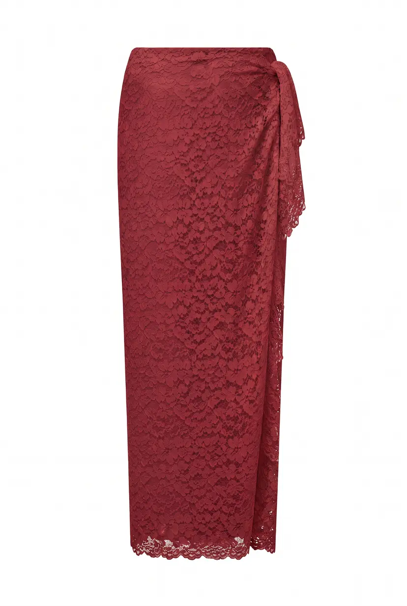 MURLONG CRES Helena Wrap Tie Lace Skirt Burgundy, XS-S