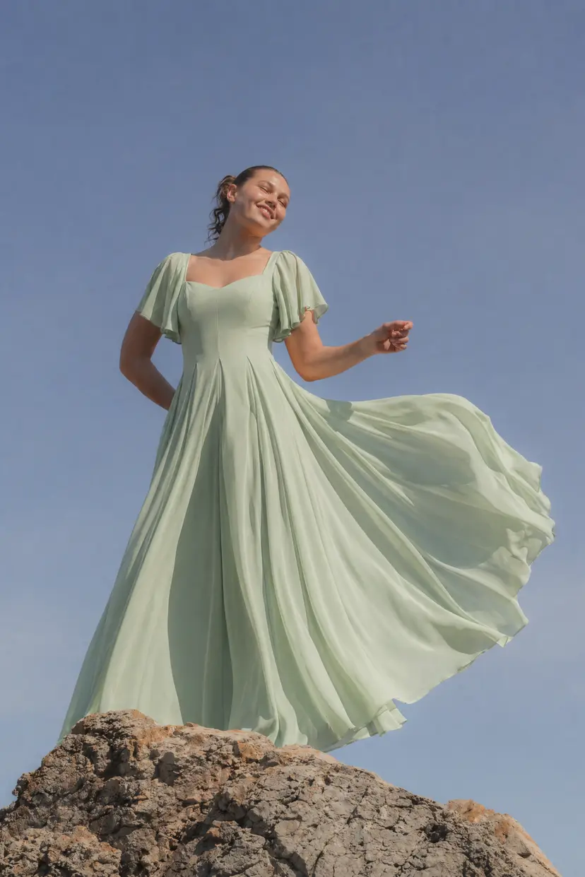 MurlongCres. Alette Maxi Dress Flutter Sleeves – Light Sage Bridesmaid & Wedding Guest Dress, XXS
