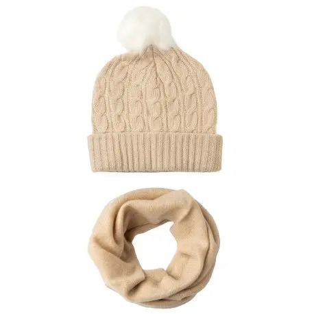 CASHMERE CULTURE Hue med kvast og halsvarmer i cashmere – damesæt, sand