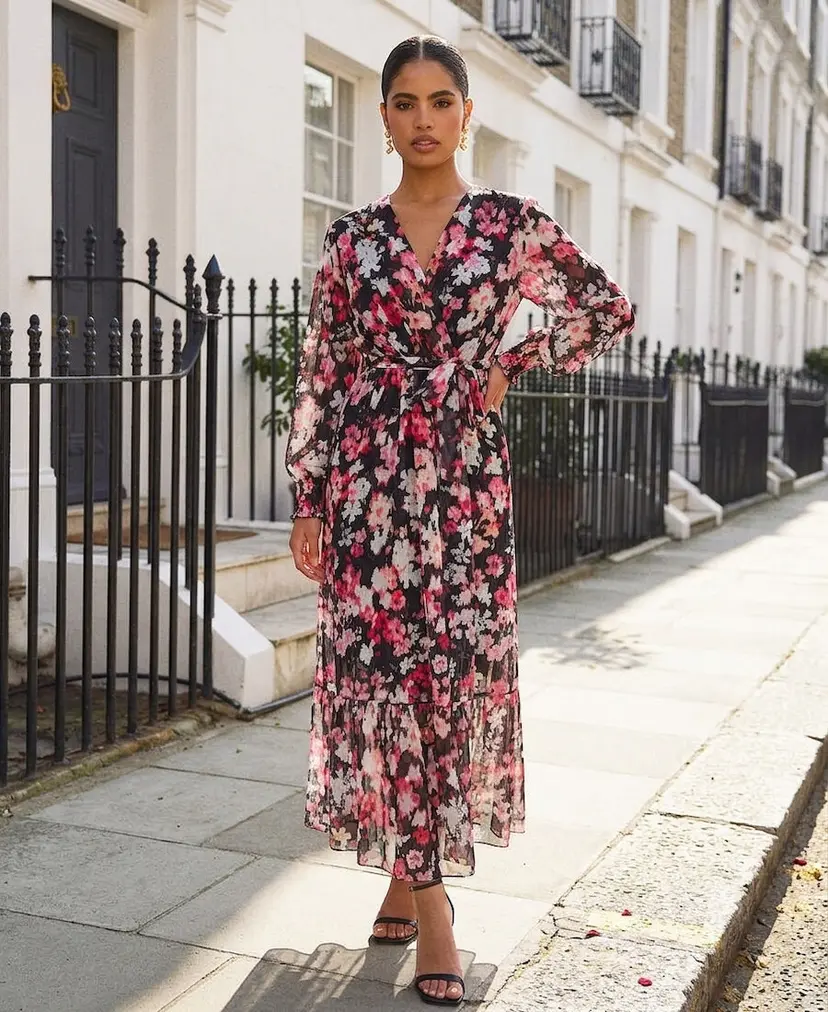 Needs No Label Black Floral Chiffon Maxi Dress