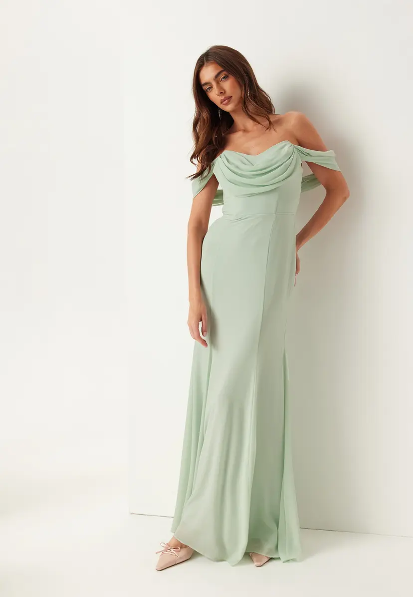 Goddiva Chiffon Off Shoulder Maxi Dress