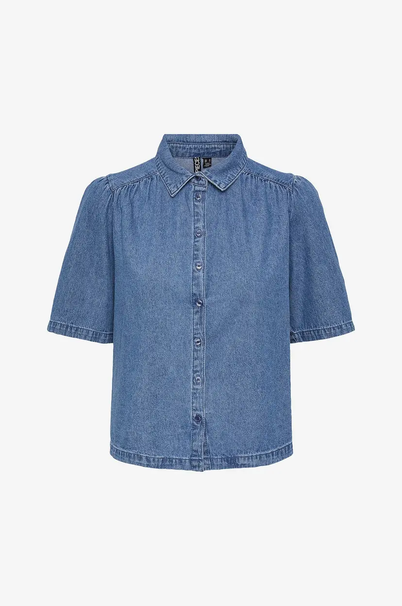 Pieces Denimskjorte pcMag SS Denim Shirt - Blå