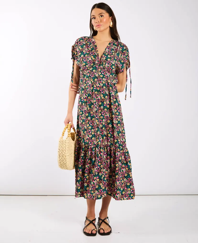 Needs No Label Multicoloured Floral Gathered Sleeve Midi Dress