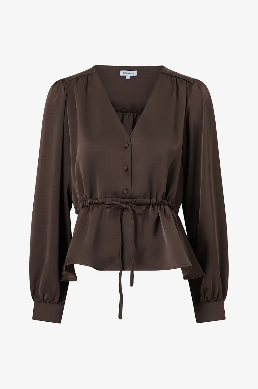 Bubbleroom Peplumbluse Satin Puff Sleeve Blouse - Brun