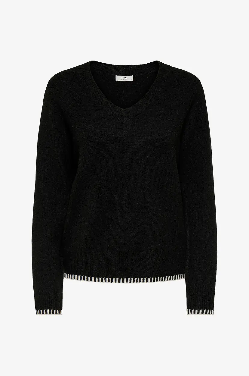 JDY Genser jdySage L/S V-neck Contrast Hem Pul - Svart