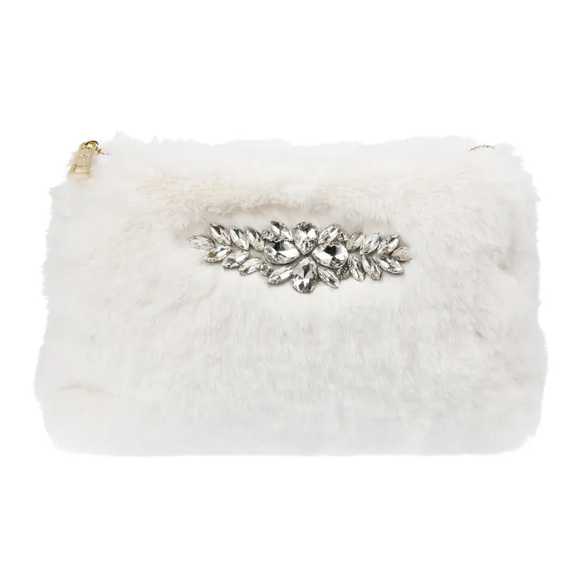 Dark Faux Fur Standing Pouch w/ Crystals Off White