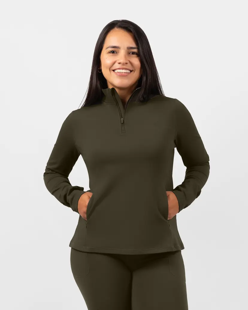 Huabo Bea Deep Olive Half Zip Winter Top