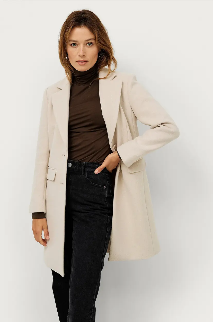 Ellos Collection Enkelkneppet ullkåpe - Beige