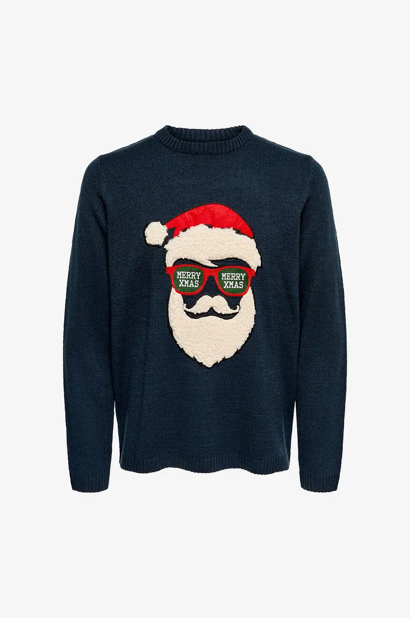 Only & Sons Pullover onsXmas 7 Funny Badge Jaquard Knit - Blå