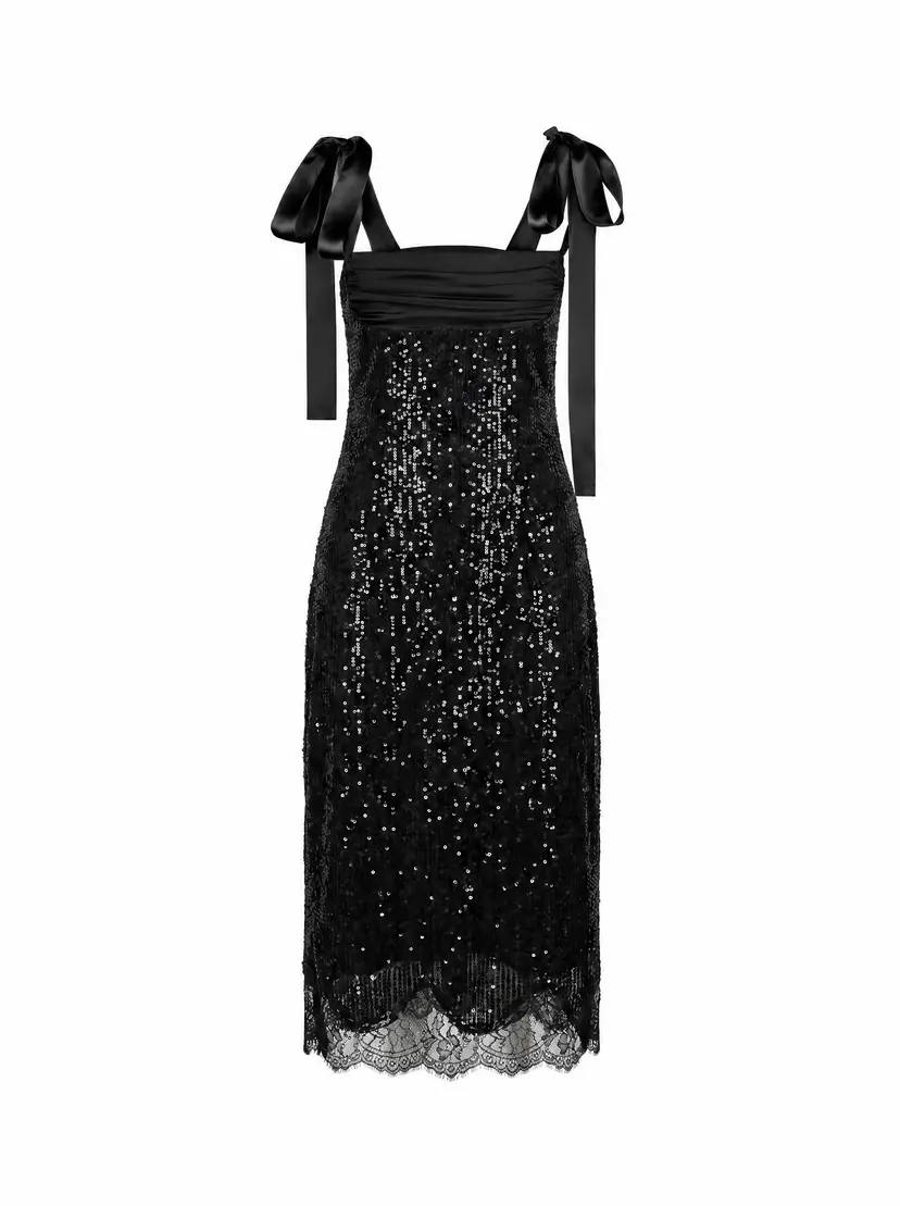 MURLONG CRES Elsa Sequin Midi Dress with Silk & Lace Details Black, XXS