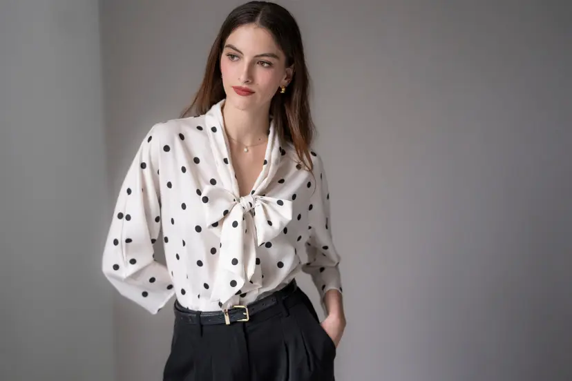The Shirt Company CELESTE BLOUSE - Tailored Fit Ivory & Black Polka Dot With Bow, Satin Crepe